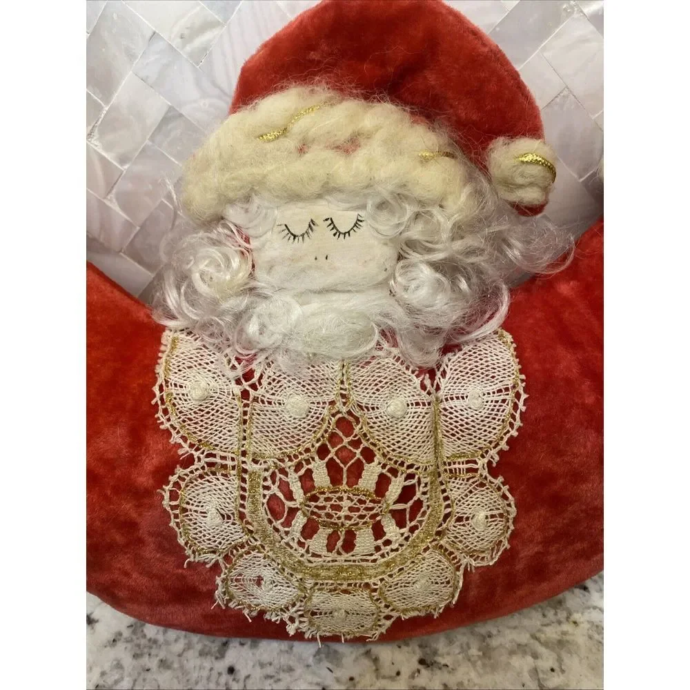 Rare Vintage Santa Claus MCM Cloth Velvet? Lace? Pillow‎ Christmas Moon Angel